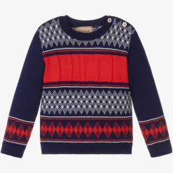 Gucci Baby Boys Blue & Red Wool Sweater Outlet