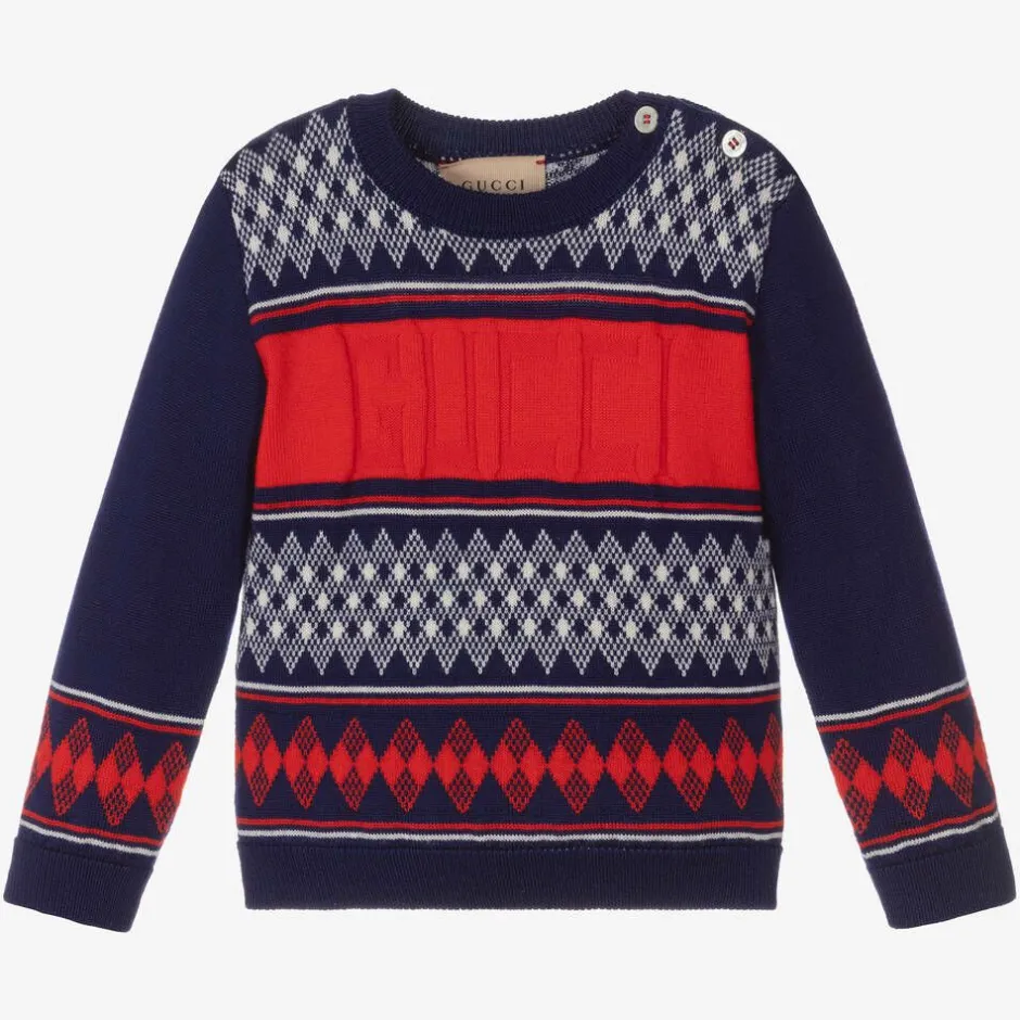 Gucci Baby Boys Blue & Red Wool Sweater Outlet
