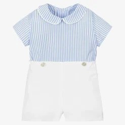 Ancar Baby Boys Blue & White Linen Buster Suit Outlet