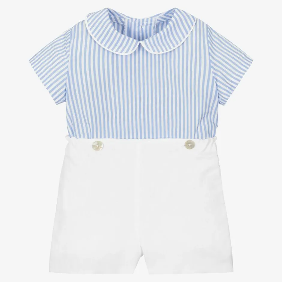 Ancar Baby Boys Blue & White Linen Buster Suit Outlet