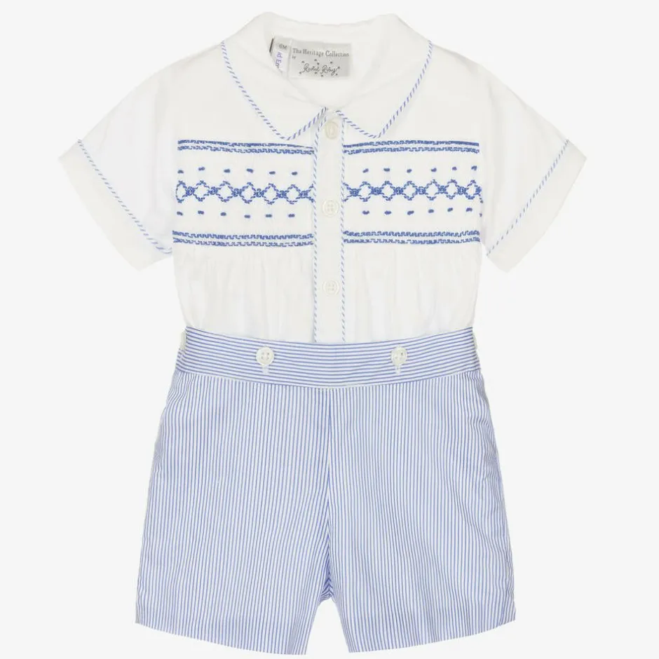 Rachel Riley Baby Boys Blue Cotton Smocked Buster Suit Online