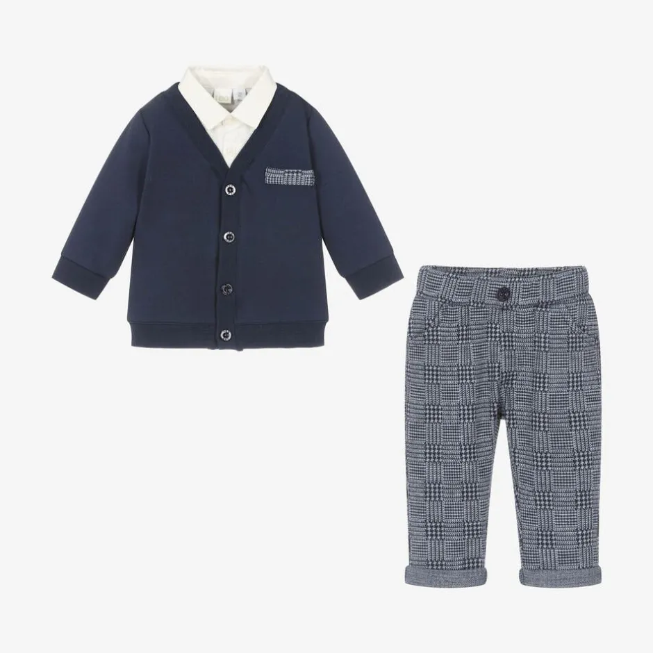 iDO Mini Baby Boys Blue Houndstooth Trouser Set Clearance