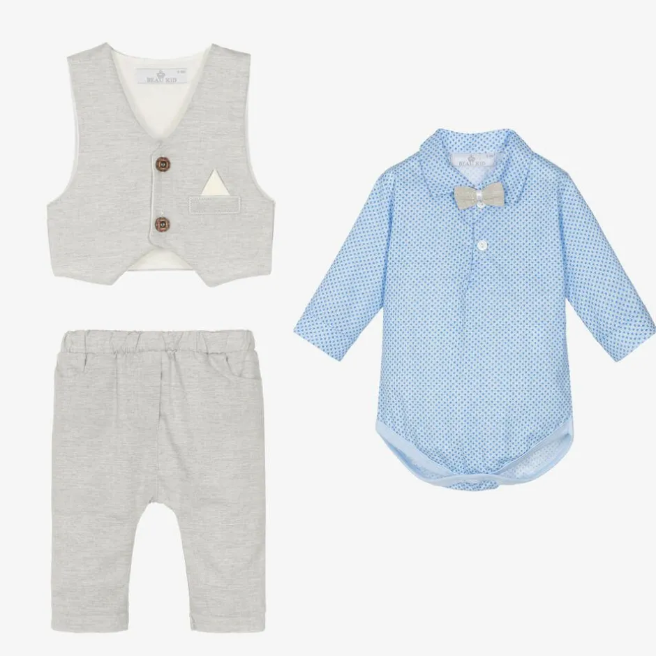 Beau KiD Baby Boys Grey & Blue Cotton Trouser Set