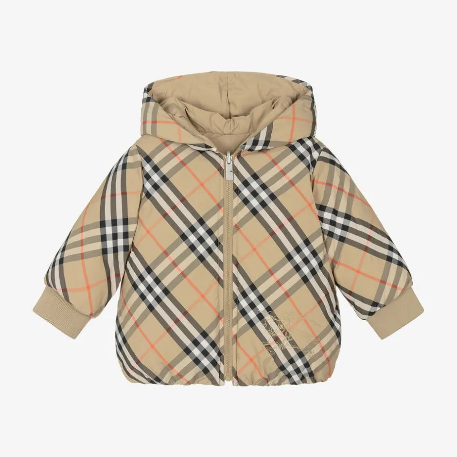 Burberry Baby Girls Beige Check Reversible Down Jacket Discount