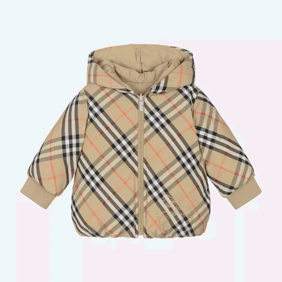 Burberry Baby Girls Beige Check Reversible Down Jacket Discount