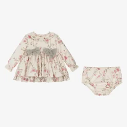 Abuela Tata Baby Girls Beige Floral Print Cotton Dress Set Hot