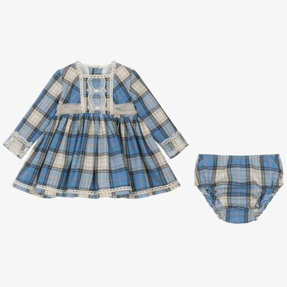 Abuela Tata Baby Girls Blue Check Cotton Dress Set Hot