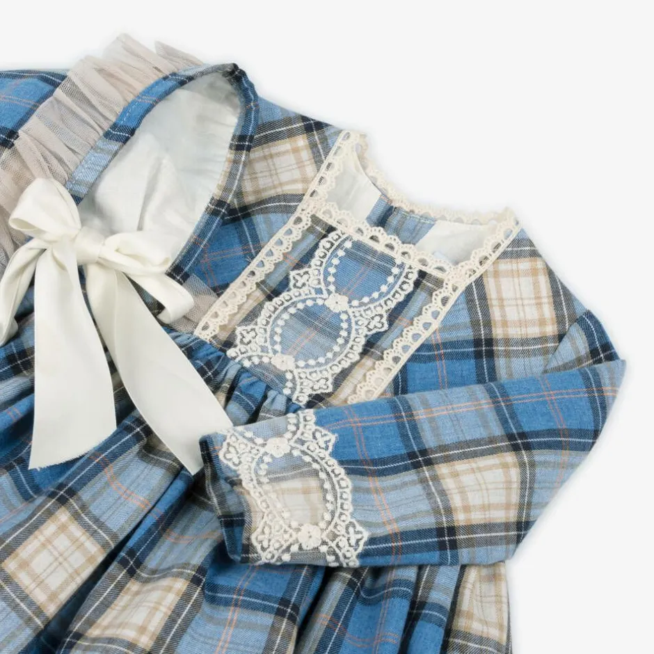 Abuela Tata Baby Girls Blue Check Cotton Dress Set Hot