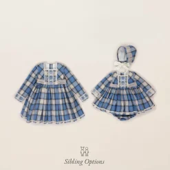 Abuela Tata Baby Girls Blue Check Cotton Dress Set Hot