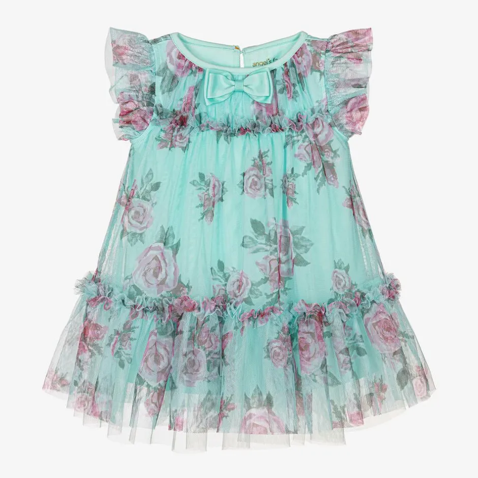 Angels Face Baby Girls Blue Floral Dress Aqua Clearance