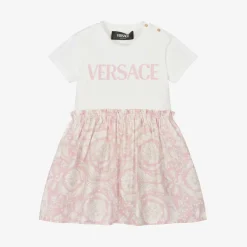 Versace Baby Girls Ivory & Pink Barocco Cotton Dress Clearance