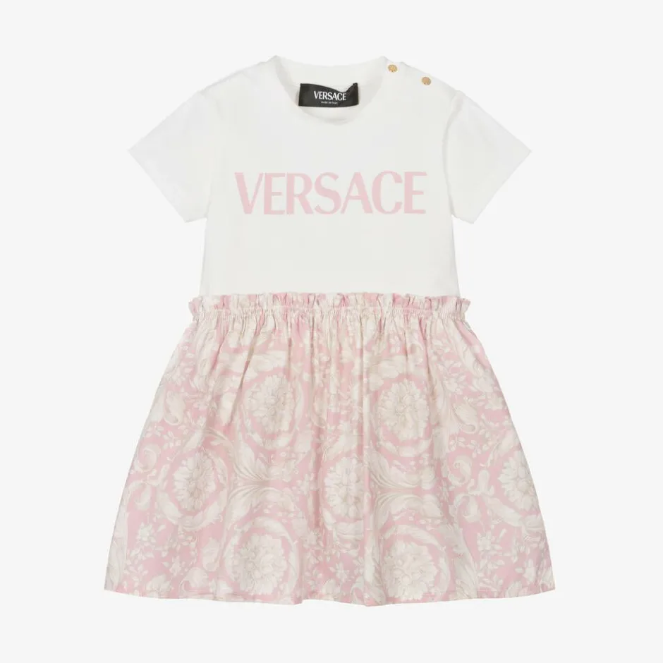 Versace Baby Girls Ivory & Pink Barocco Cotton Dress Clearance