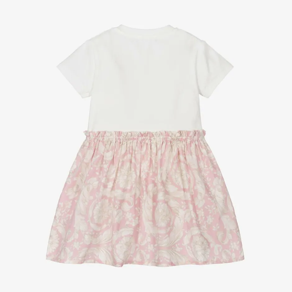 Versace Baby Girls Ivory & Pink Barocco Cotton Dress Clearance