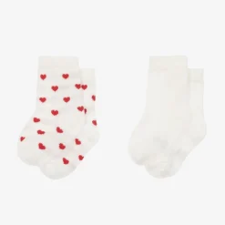 Petit Bateau Baby Girls Ivory & Red Heart Cotton Socks (2 Pack) Hot