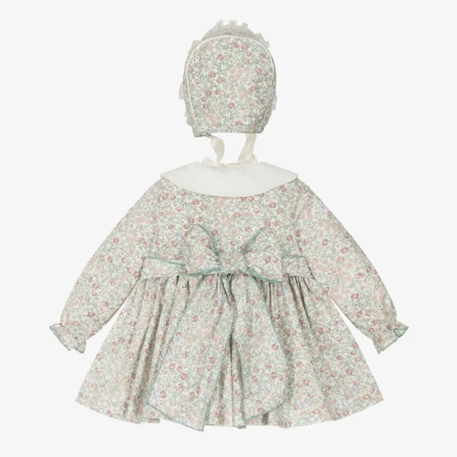 Abuela Tata Baby Girls Ivory Floral Print Cotton Dress Set New