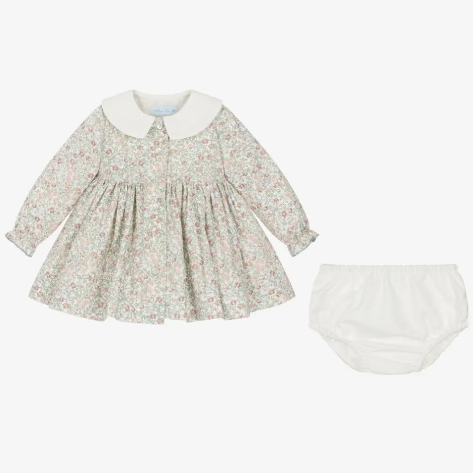 Abuela Tata Baby Girls Ivory Floral Print Cotton Dress Set New
