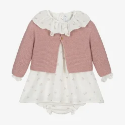 Paloma de la O Baby Girls Pink & Ivory Bird Print Cotton Dress Set New
