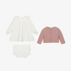 Paloma de la O Baby Girls Pink & Ivory Bird Print Cotton Dress Set New