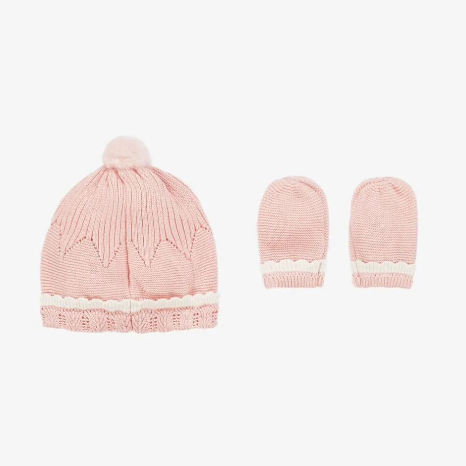 Mayoral Newborn Baby Girls Pink Cotton Hat & Mittens Set Hot