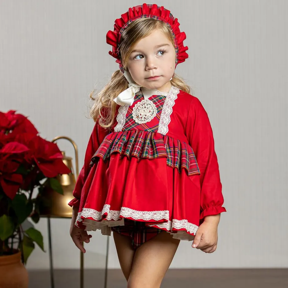 Abuela Tata Baby Girls Red Cotton Tartan Dress Set Sale