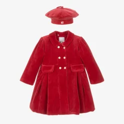 Emile et Rose Baby Girls Red Velour Coat & Hat Set Clearance