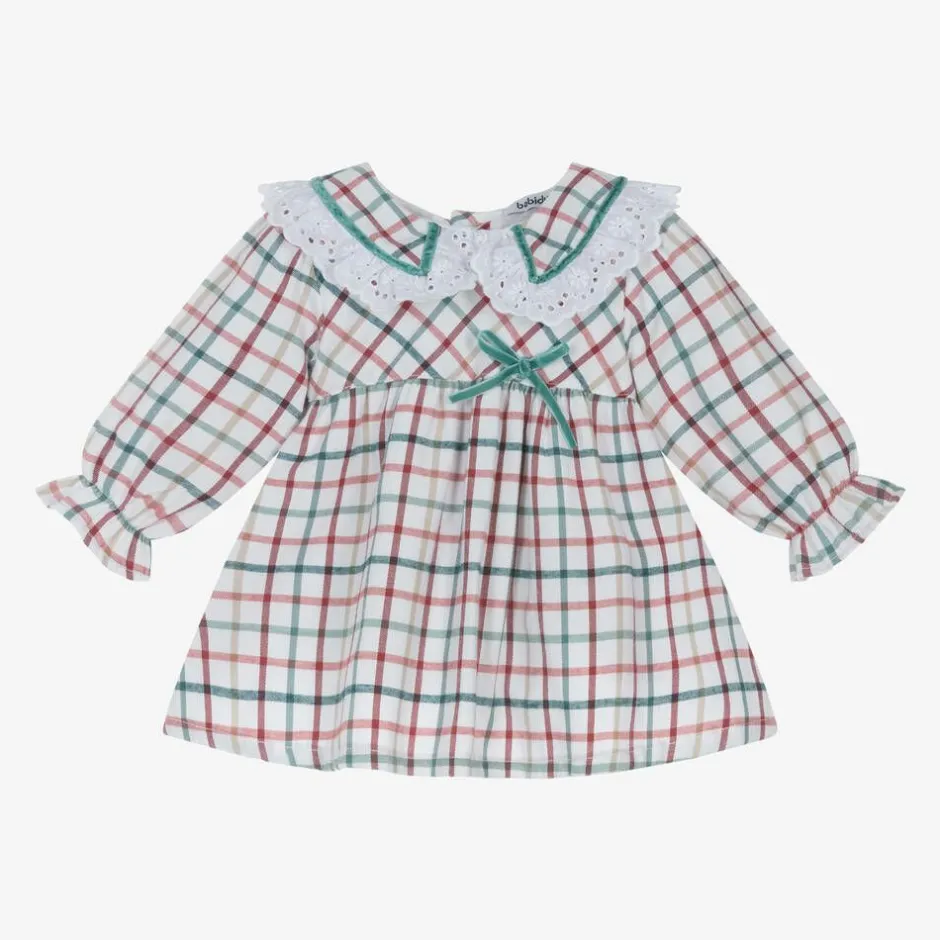 Babidu Baby Girls White Cotton Checked Dress Clearance