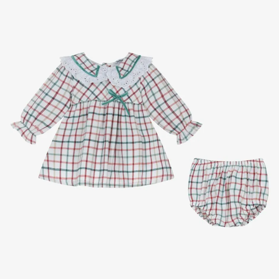 Babidu Baby Girls White Cotton Checked Dress Clearance