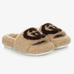 Gucci Beige Faux Fur Logo Sliders New