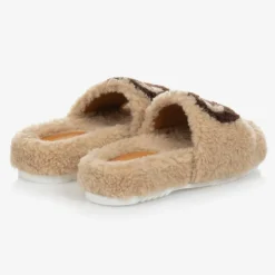 Gucci Beige Faux Fur Logo Sliders New