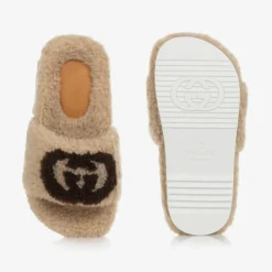Gucci Beige Faux Fur Logo Sliders New