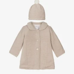 Mayoral Newborn Beige Knitted Cotton Pram Coat & Hat Set