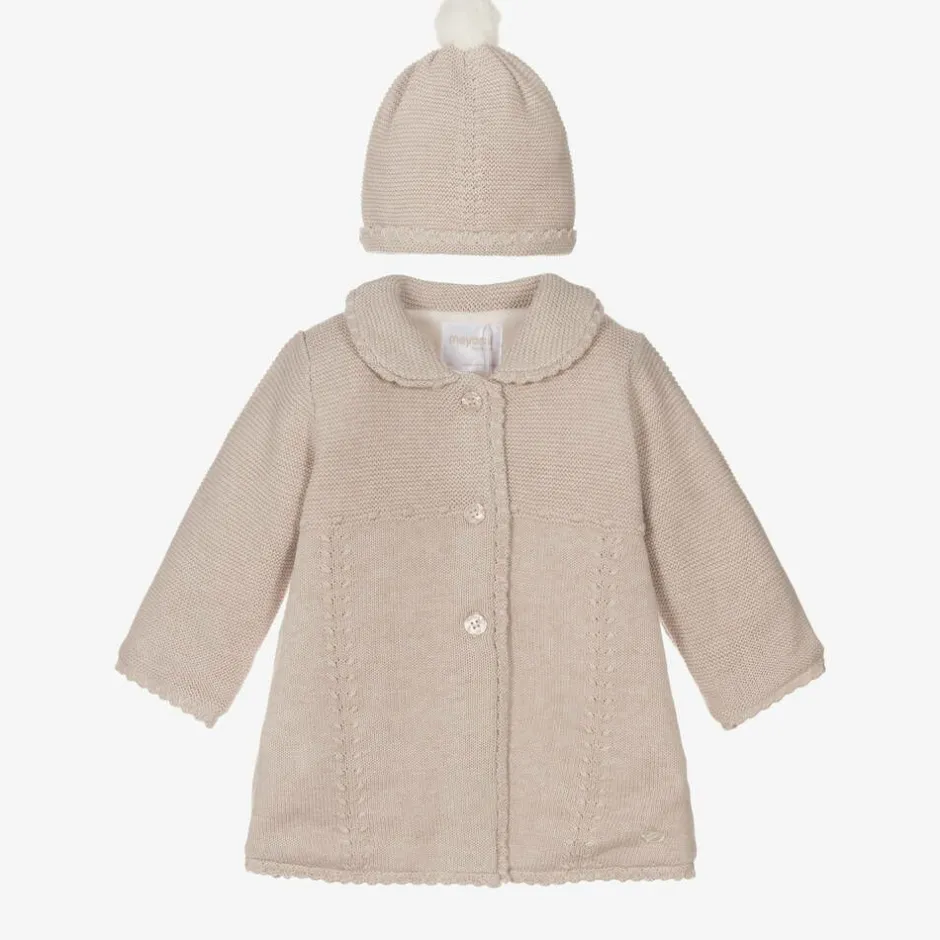 Mayoral Newborn Beige Knitted Cotton Pram Coat & Hat Set