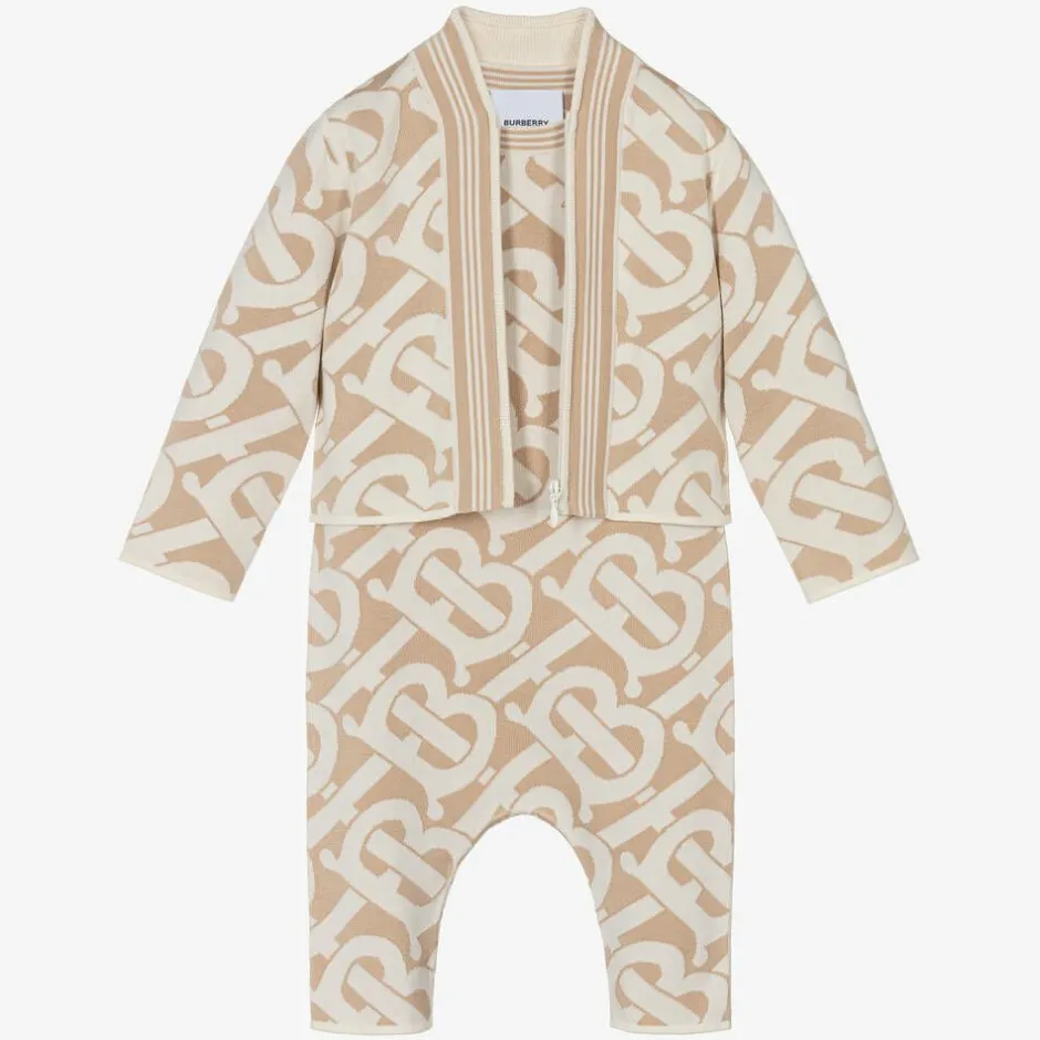 Burberry Beige Monogram Baby Romper Gift Set Hot