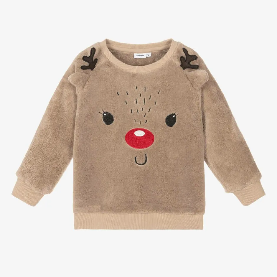NAME IT Beige Reindeer Fleece Sweatshirt