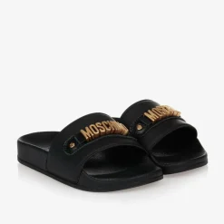 Moschino Kid-Teen Black & Gold Metal Logo Sliders Discount