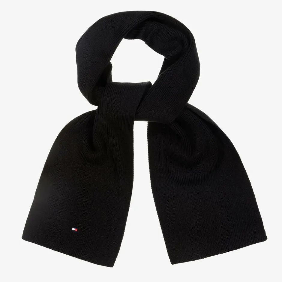 Tommy Hilfiger Black Cotton Knit Flag Logo Scarf Outlet