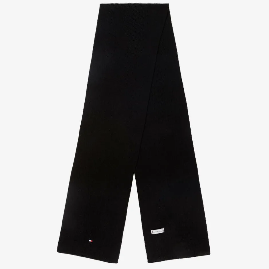 Tommy Hilfiger Black Cotton Knit Flag Logo Scarf Outlet