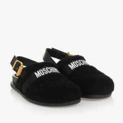 Moschino Black Sherpa Fleece & Leather Mules Hot