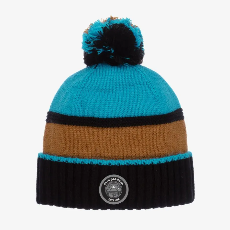 Deux par Deux Blue & Brown Knitted Pom-Pom Hat Online