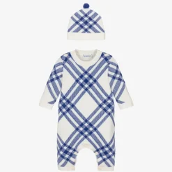 Burberry Blue Check Wool & Cashmere Babysuit Set Clearance