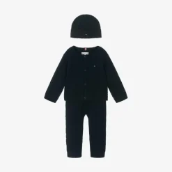 Tommy Hilfiger Blue Cotton & Wool Knit Baby Trouser Set Outlet