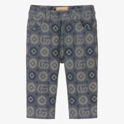 Gucci Blue Cotton Jacquard Logo Trousers New