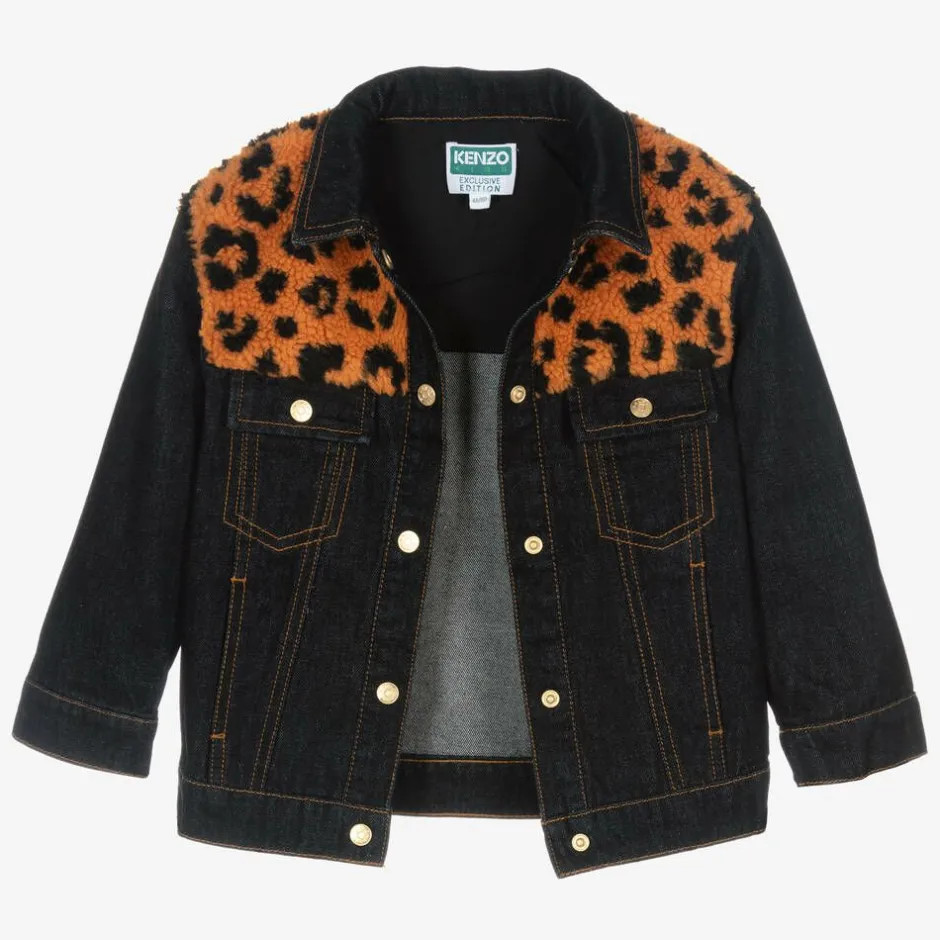 KENZO KIDS Blue Denim & Leopard Print Fleece Jacket Clearance