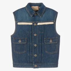 Gucci Blue Embroidered Logo Denim Gilet New