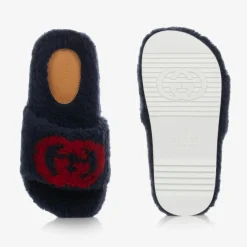 Gucci Blue Faux Fur Logo Sliders Outlet