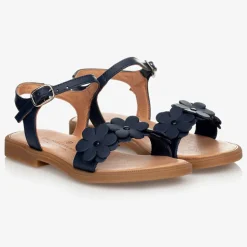 Childrens Classics Blue Leather Flower Sandals