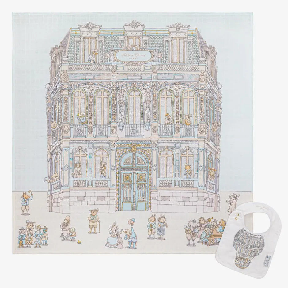 Atelier Choux Paris Blue Organic Cotton Swaddle & Bib Set Discount