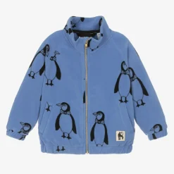 Mini Rodini Blue Penguin Print Zip-Up Fleece Top Outlet