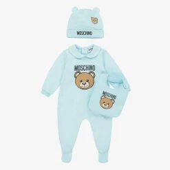 Moschino Baby Blue Teddy Bear Cotton Babysuit Set Discount