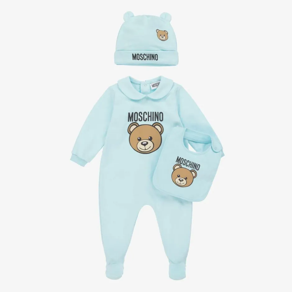 Moschino Baby Blue Teddy Bear Cotton Babysuit Set Discount